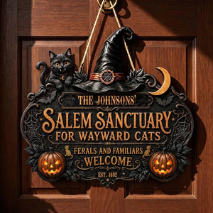 Personalized Halloween Cat Welcome Sign, Salem Sanctuary For Wayward Cats Ferals And Familiars Welcome, Spooky Door Decor, Custom Fall Sign e8e4bf27-b64b-4290-bb21-bee954409c53-hjhj-2-.webp