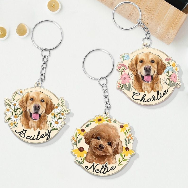 Custom Dog Photo Keychain, Cat Picture Keychains, Custom Dog Portrait, Personalized Pet Face And Pet Name Keychains for Mom, Pet Lovers Gift