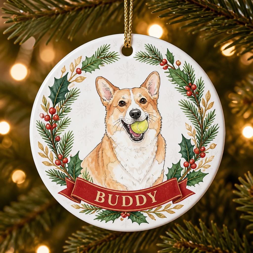 Custom Watercolor Pet Portrait Ornament with Wreath & Name - Personalized Aluminum Ornament e95bfac4-d2f5-454e-afdc-9b93150f450a.png