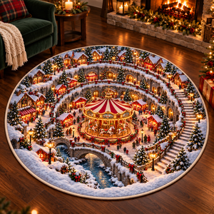Christmas Carousel 3D Illusion Round Rug, Snowy Christmas Market Village Floor Mat, Winter Wonderland Area Carpet, Festive Holiday Home Decor e95f5a00-215b-46bc-82e6-ddb2c78000f9-Christmas-Carousel-Illusion-Rug-in-Cozy-Cottage-2.png