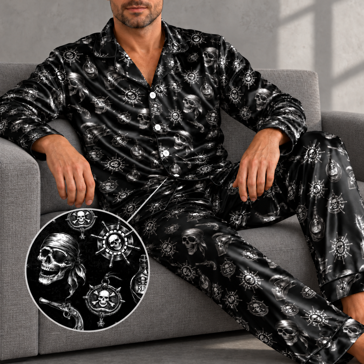 Cool Pirate Skull Pajama Set, Black Satin with Nautical Crossbones Print, Gothic Sleepwear with Pocket, Short & Long Sleeve, Gift For Hims e9816a3c-c887-4332-bf0f-d0064d3369c8--o-ng-satin-en-kh-ng-t-i-ng-c-1.png