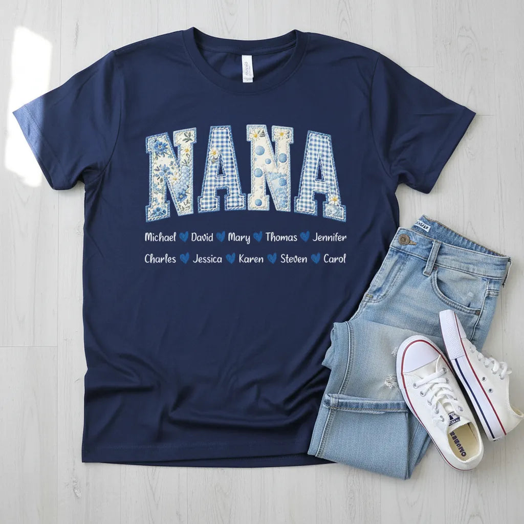 Mama Blue Toile Patchwork Floral - Personalized T-shirt