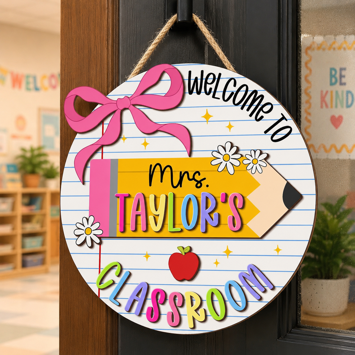 Custom Teacher Bow Door Sign, Classroom Welcome Sign, Back To School Gifts, Pencil Teacher Sign, Preschool Teacher Gift, 5th Grade Teacher