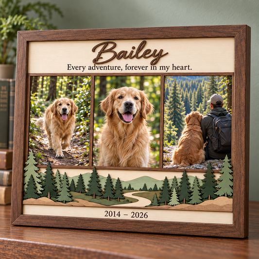 Personalized Dog Memorial Photo Frame, Custom Wooden 3 Photo Collage, Beach Adventure Pet Keepsake, Loss of Dog Sympathy Gift e9bd3dee-dce9-45bd-adb1-7241687a6237-Bailey-s-Forest-Trails-Memorial-Frame-3.png
