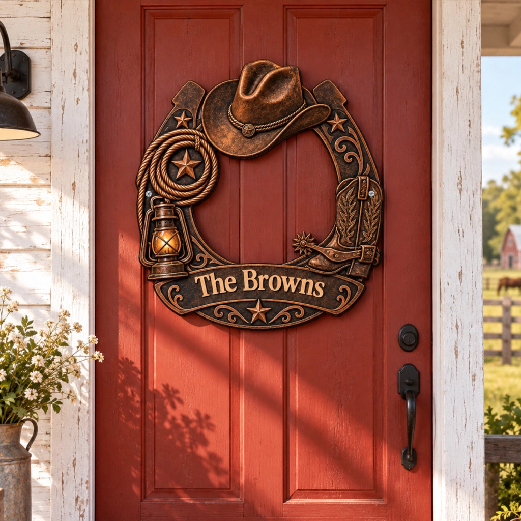 Personalized Freeform Western Cowboy Metal Sign, Rustic Horseshoe Front Door Decor, Ranch Housewarming Gift e9c528fc-e18c-405c-8d4e-332b9d2e8c7f-qs3.webp