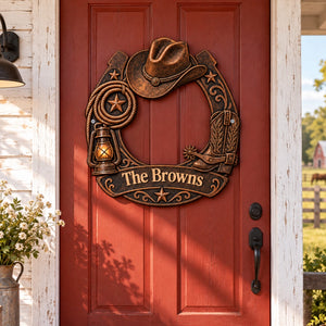 Personalized Freeform Western Cowboy Metal Sign, Rustic Horseshoe Front Door Decor, Ranch Housewarming Gift e9c528fc-e18c-405c-8d4e-332b9d2e8c7f-qs3.webp