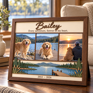 Personalized Dog Memorial Photo Frame, Custom Wooden 3 Photo Collage, Beach Adventure Pet Keepsake, Loss of Dog Sympathy Gift e9d707e0-72ea-47df-9be5-90c95a1257fc-Bailey-s-lakeside-memorial-frame-4.png