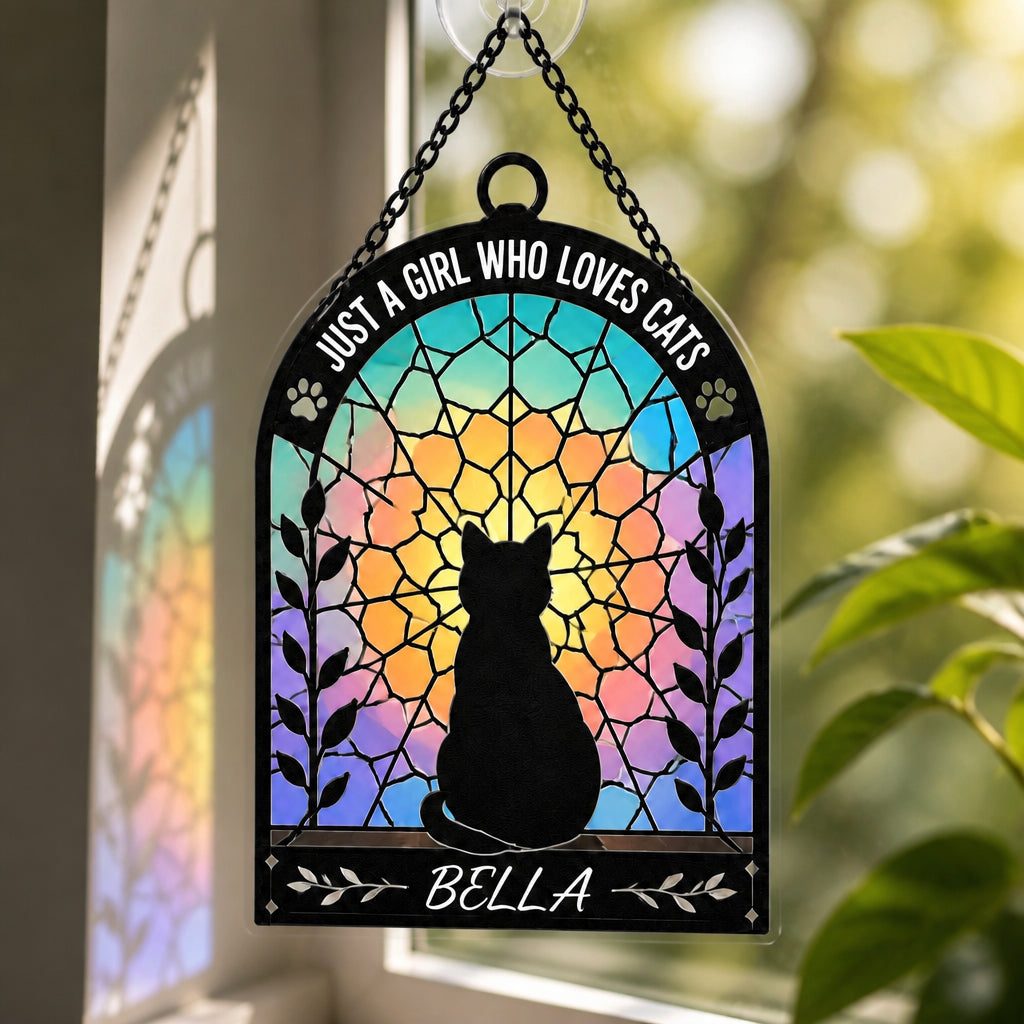 Just A Girl Who Loves Cats — Stained-Glass Cat Suncatcher (Name) - Personalized Suncatcher Ornament e9ec8230-632b-4f83-ae74-14aa9fa7f64a.jpg
