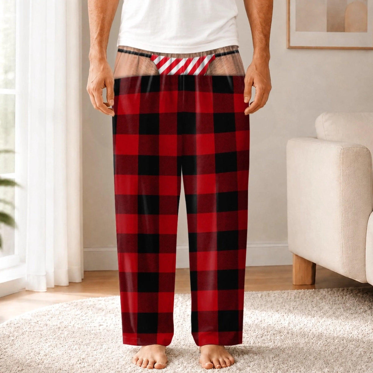 Custom Funny Men's Pajama Pants, Christmas Birthday Gag Gifts For Him, Fake Thong Illusion Buffalo Plaid Lounge Pants ea0a762a-d4d1-4739-bb49-eb0243f8c7b5-5.jpg