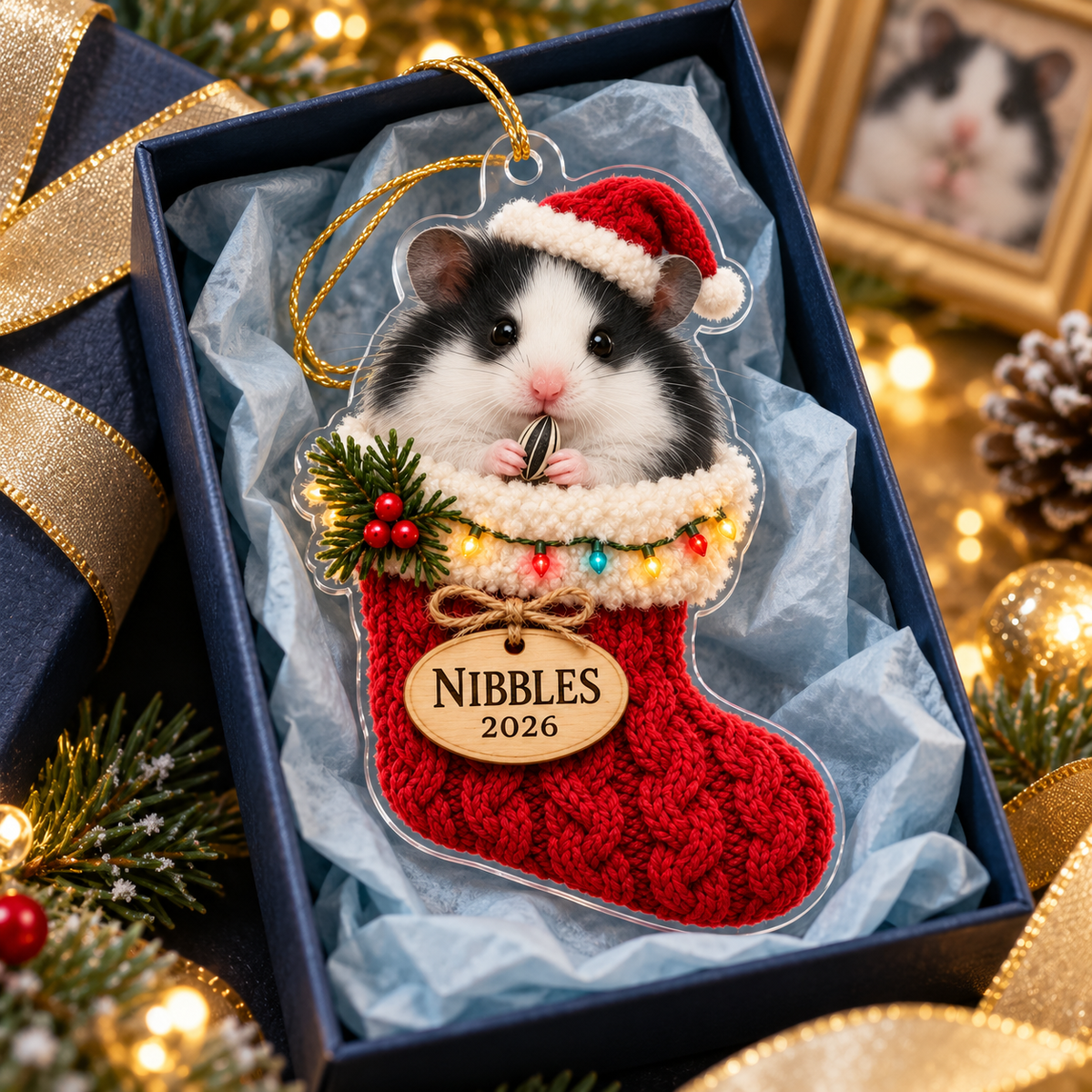 Personalized Hamster Christmas Ornament – Custom Name & Year, Hamster in Stocking Keepsake, Christmas Gift for Hamster Lovers ea1cae17-5a44-49e9-86ef-8ef69270d2ca-Black-and-white-hamster-ornament-in-navy-box-3.png