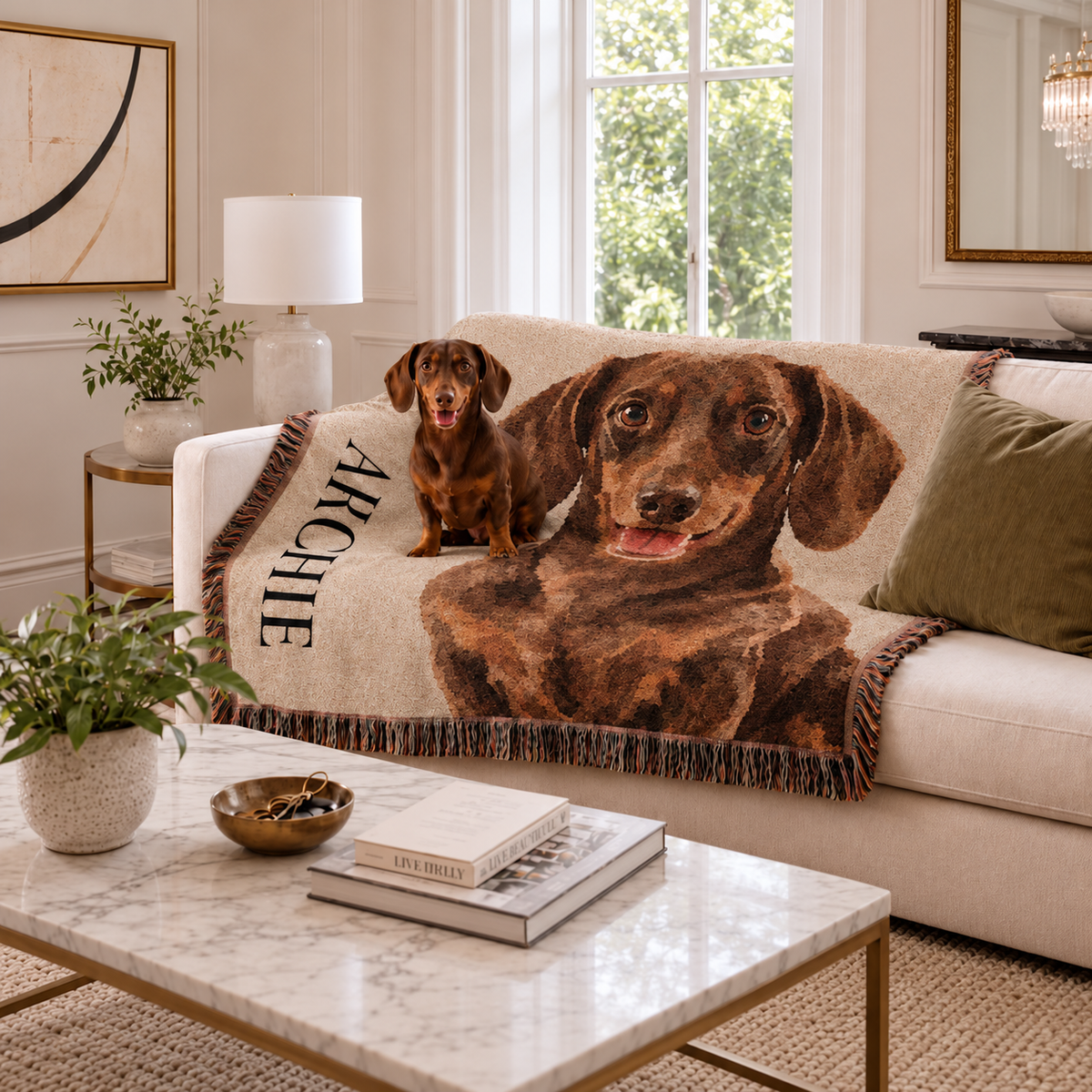 Custom Dog Portrait Woven Blanket, Personalized Pet Photo Tapestry Throw, Custom Dog Dad Gift, Pet Gift ea7d9809-b764-4d98-bc5c-f5ecf79bf22f-Ch-n-d-t-Archie-c-ng-dachshund-tr-n-sofa.png