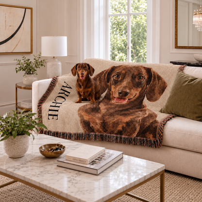 Custom Dog Portrait Woven Blanket, Personalized Pet Photo Tapestry Throw, Custom Dog Dad Gift, Pet Gift ea7d9809-b764-4d98-bc5c-f5ecf79bf22f-Ch-n-d-t-Archie-c-ng-dachshund-tr-n-sofa.png