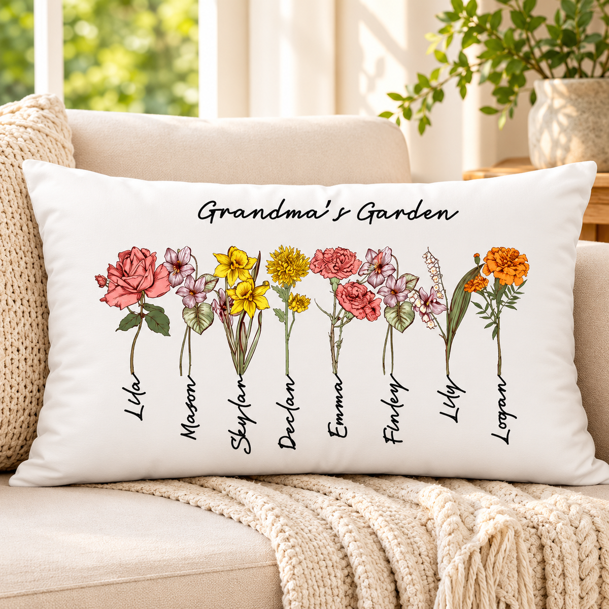 Grandma Garden Pillow Birth Flowers Grandchildren Names Mothers Day Gift