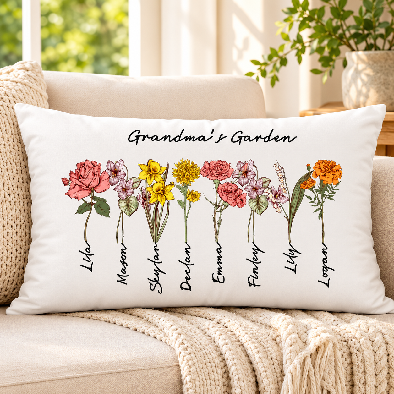 Grandma Garden Pillow Birth Flowers Grandchildren Names Mothers Day Gift