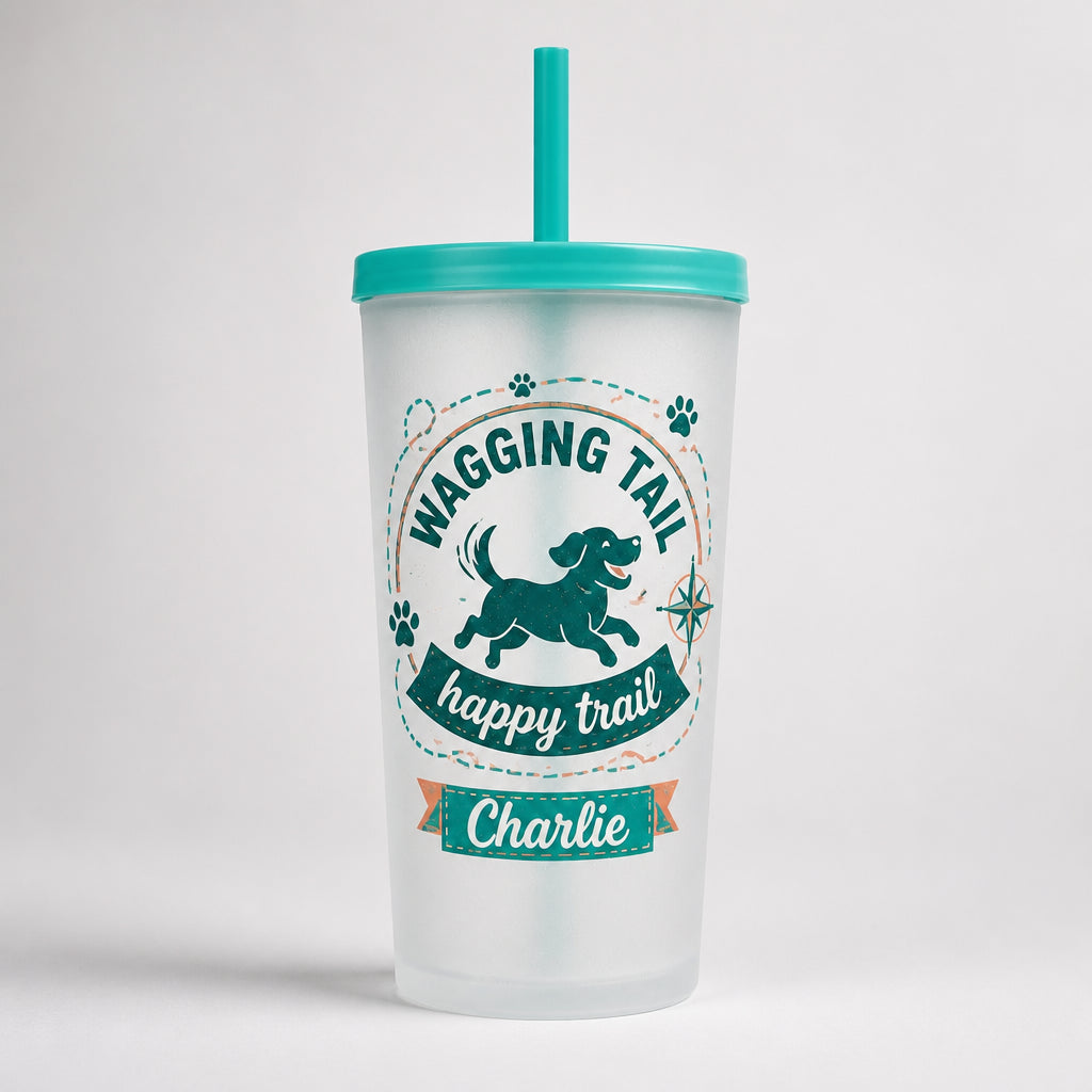 Wagging Tail Happy Trail Personalized Dog Water Bottle - Personalized Plastic Frosted Water Cup ea920465-f0a1-4323-8cd9-4799715087f5.jpg