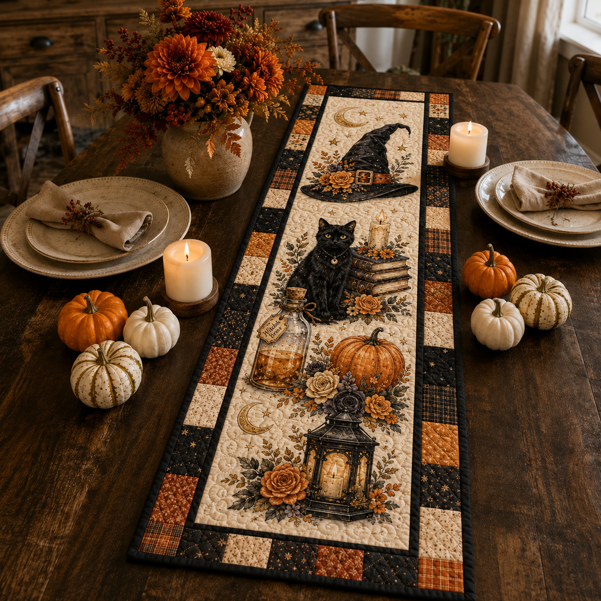 Witchy Halloween Quilted Table Runner, Black Cat Witch Hat & Pumpkin Patchwork Runner, Gothic Fall Table Decor ea956317-68df-4284-a2d8-68a51dc06d31-Image-Aug-13-2026-01_39_37-PM.png