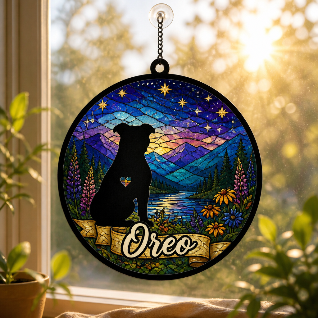 Personalized Dog Silhouette Stained-Glass Suncatcher (Pet Name) - Personalized Suncatcher Ornament eb10df78-4895-44c0-8afc-9ca8fa401568.png
