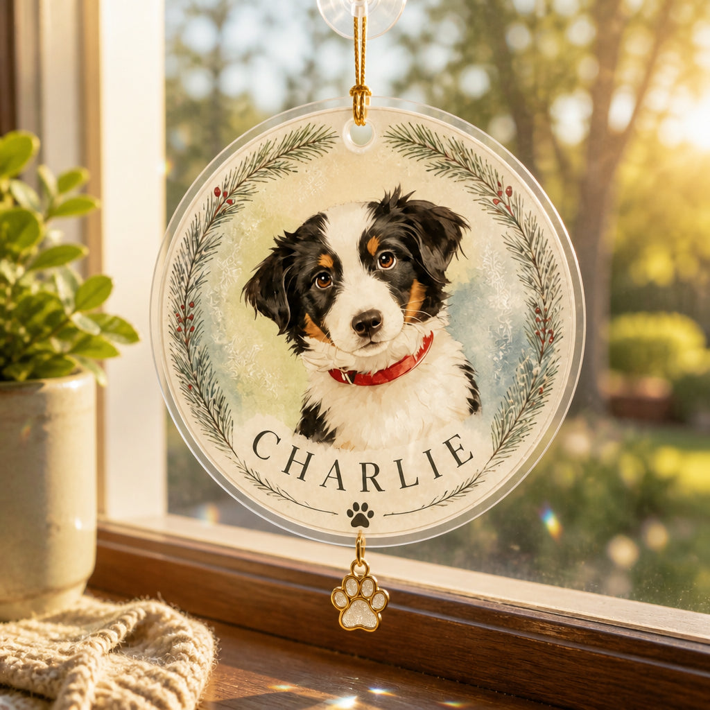 Custom Pet Watercolor Portrait Ornament with Name - Personalized 1 Layered Suncatcher with Charm eb88f942-305a-4d1a-ab27-875180b48e9d.jpg