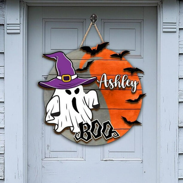 Custom Halloween Wood Layer Sign Boo Doorplate Hanging Round Sign Cute Wooden Sign Halloween Decoration Housewarming Gift