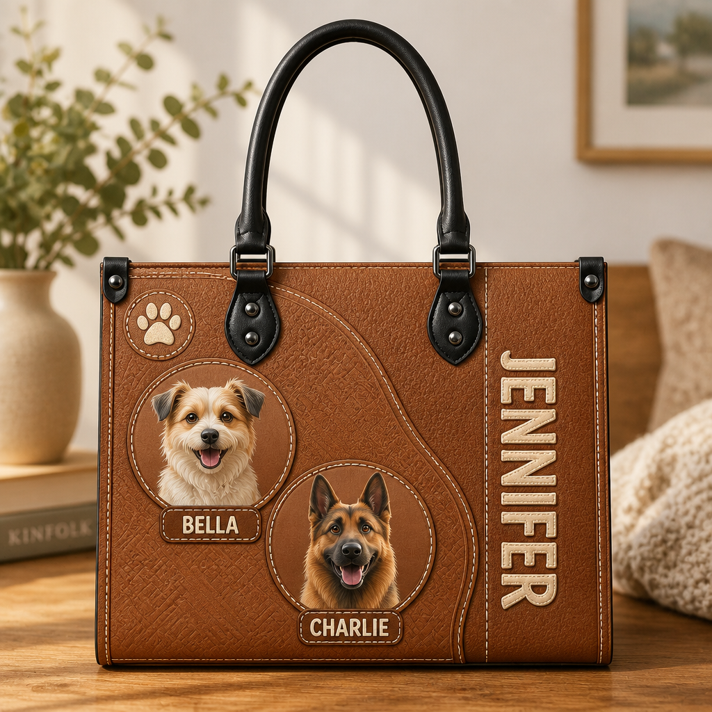 Custom Pet Portrait Leather Shoulder Bag – 2 Pets with Owner Name - Personalized Leather Shoulder Bag ec8cce6c-8f57-4cb4-b212-63673dfc1f61.png