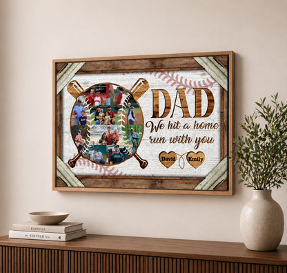 Personalized Dad Baseball Photo Collage Canvas, We Hit a Home Run With You Custom Kids Names, Father's Day Gift for Baseball Dad