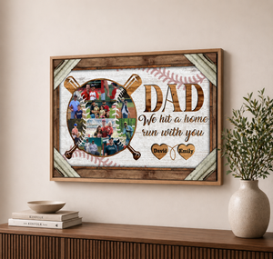 Personalized Dad Baseball Photo Collage Canvas, We Hit a Home Run With You Custom Kids Names, Father's Day Gift for Baseball Dad