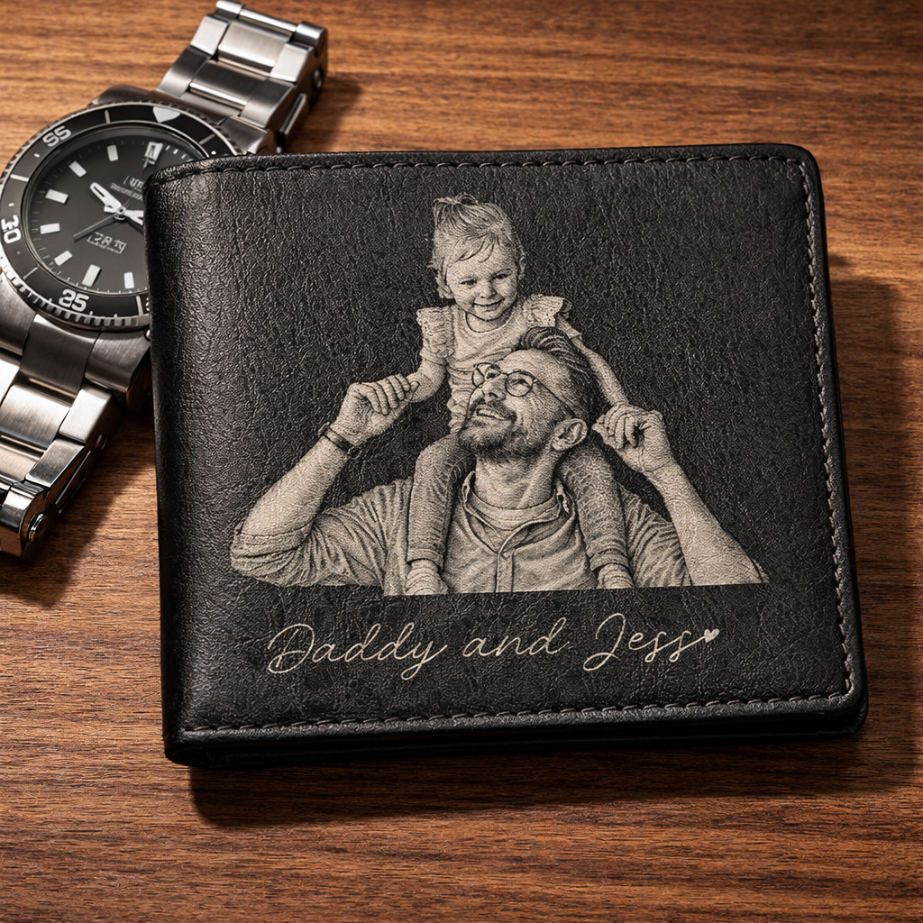 Custom Photo Pencil Sketch Family Dog Cat Portrait - Personalized Engraved Leather Wallet