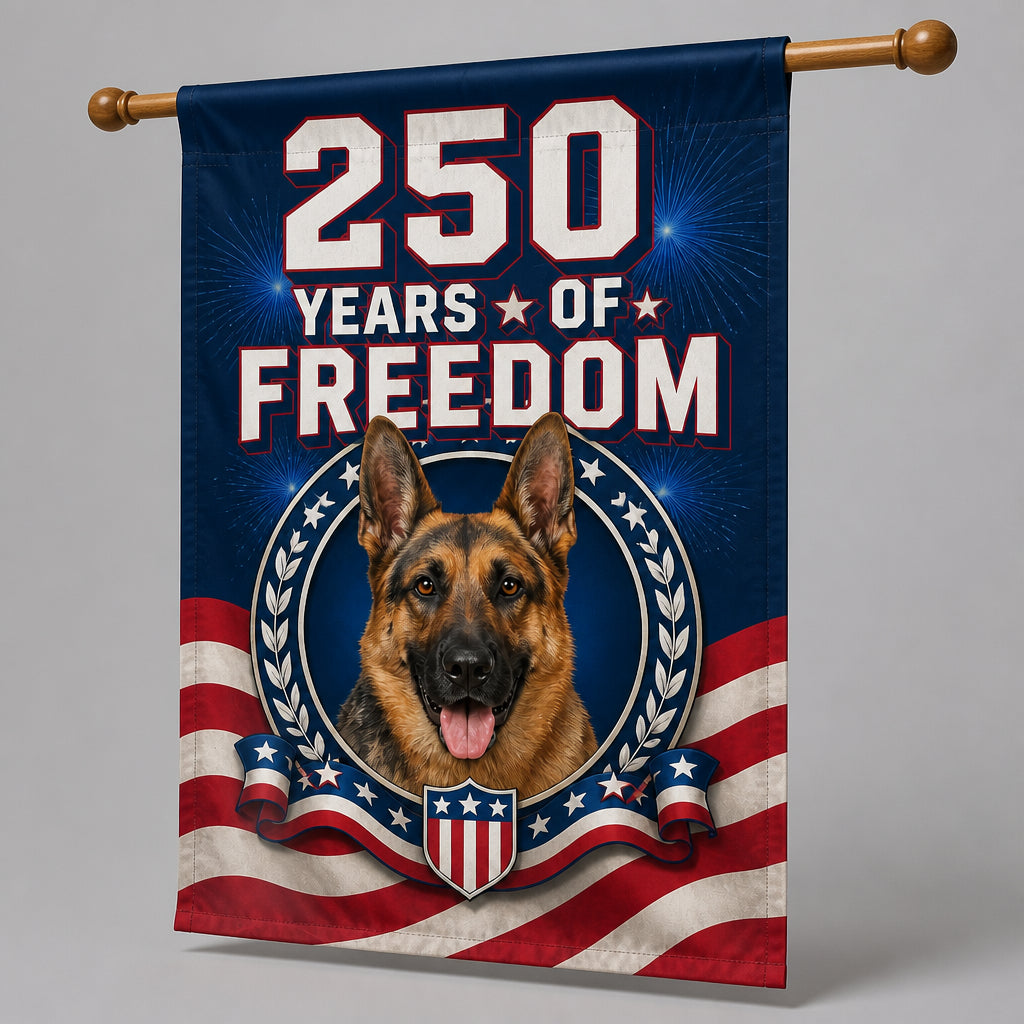 Patriotic German Shepherd — 250 Years of Freedom Garden Flag - Family Flag ed845f5b-bcd5-4050-9c55-7a3bf4d2195e.jpg
