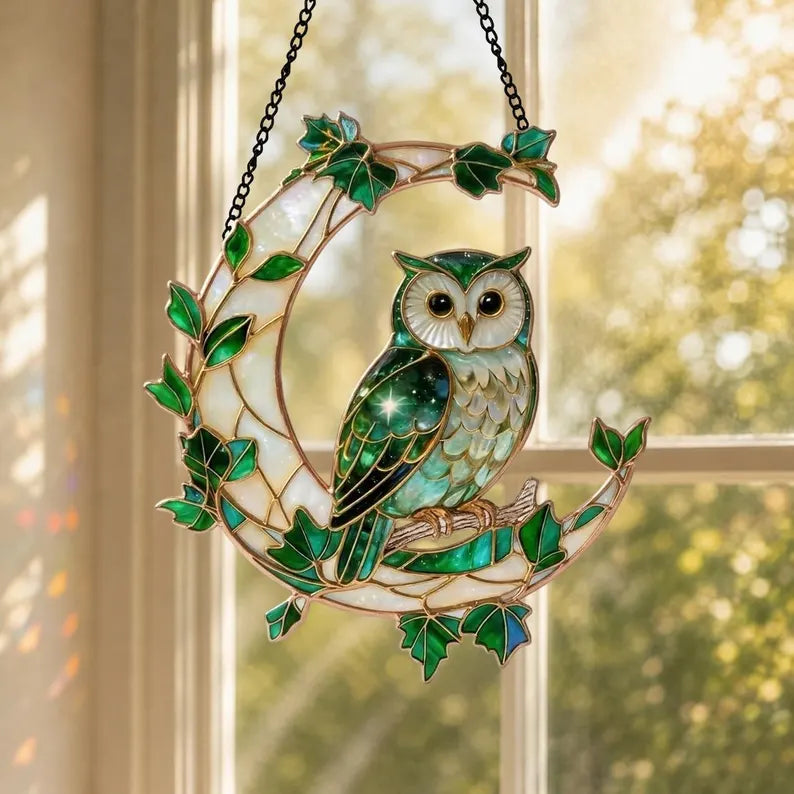 Owl Stained Glass Suncatcher, Moon Owl Window Hanging, Green Owl Decor, Forest Nature Gift, Owl Lover Gift, Celestial Decor, Gift for Mom edd46417-675c-479f-8b74-48d75dbd90af-ghghgh-1-.webp