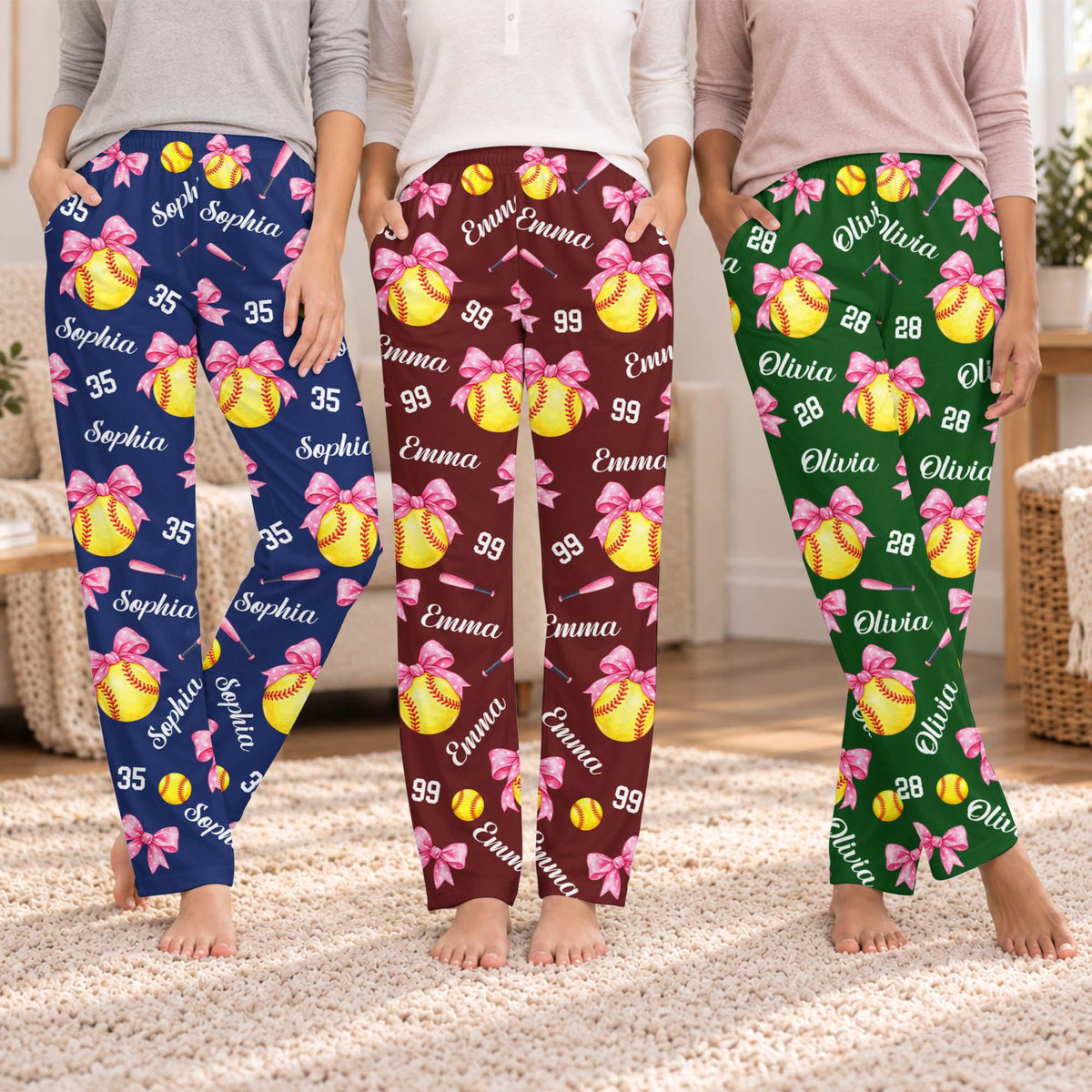 Personalized Softball Lounge Pants, Custom Name & Number, Pink Bow Design ede02508-470a-4af8-a9d7-f471f310d26f-1.jpg