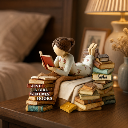 Custom Girl Reading Books Figurine – Personalized Wooden Block For Reading Lovers