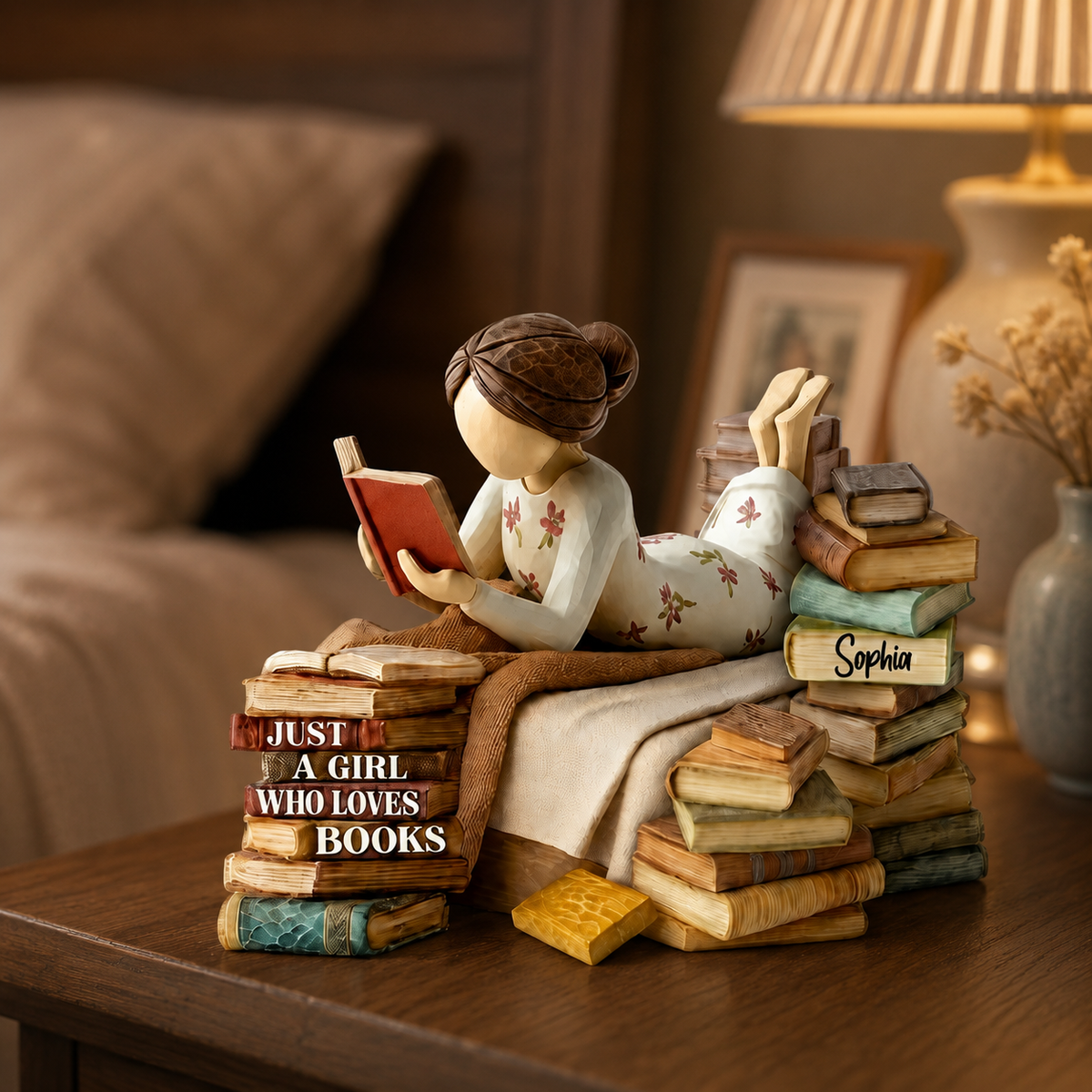 Custom Girl Reading Books Figurine – Personalized Wooden Block For Reading Lovers
