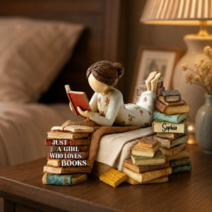 Custom Girl Reading Books Figurine – Personalized Wooden Block For Reading Lovers