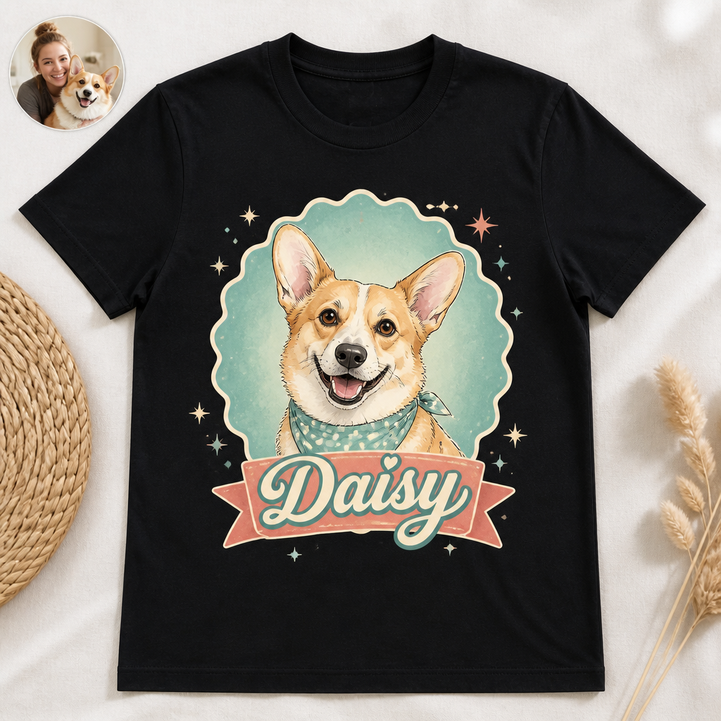 Custom Pet Portrait Tee – Retro Badge Nameplate - Personalized T-shirt eeb0724d-9f82-42f2-8f00-faa29eba5ef1.png