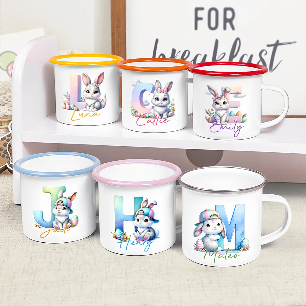 Personalised Cute Easter Bunny Gradient Initial Enamel Mug with Name Party Favor Easter Gift for Kids