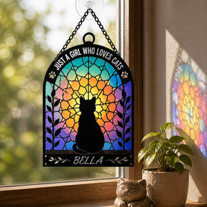 Just A Girl Who Loves Cats — Stained-Glass Cat Suncatcher (Name) - Personalized Suncatcher Ornament ef1a878a-aaa5-41bb-ba79-0d33e74498ed.jpg