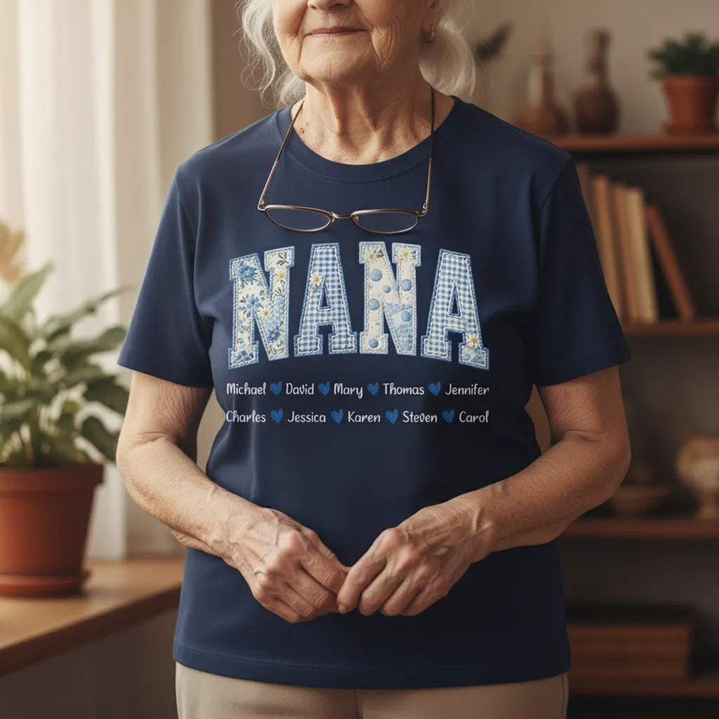 Mama Blue Toile Patchwork Floral - Personalized T-shirt