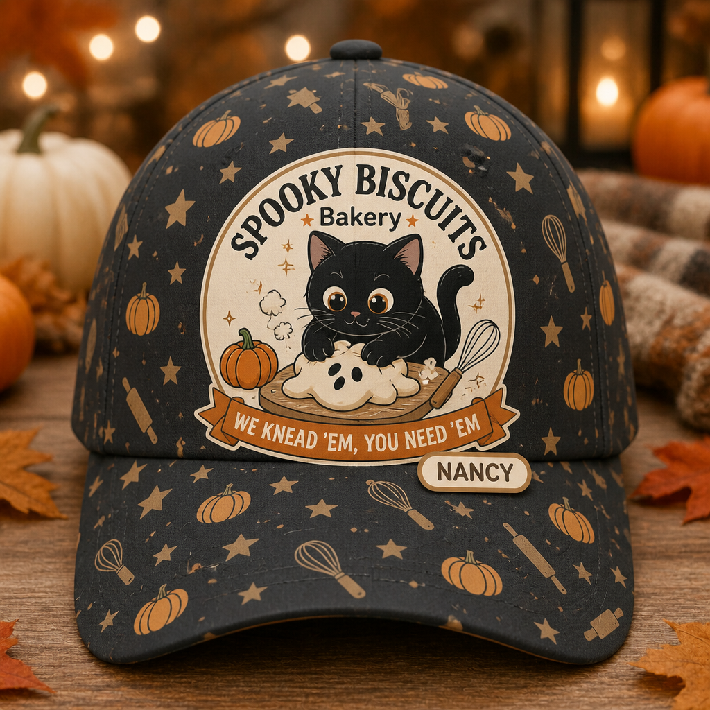 Spooky Biscuits Bakery AOP Cap – Black Cat Halloween (Personalized Name) - Personalized All Over Print Cap ef863022-f3d3-42a9-9bf0-c1df4ec66d55.png