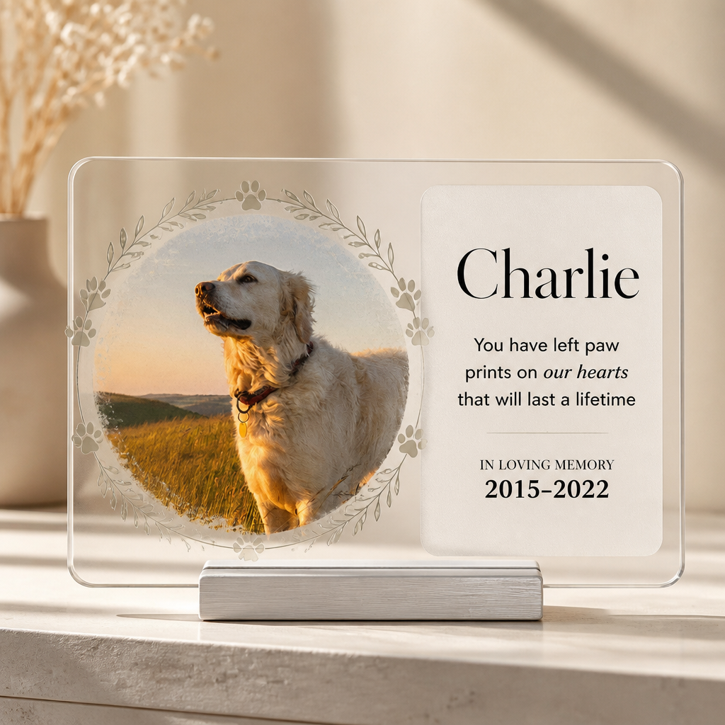 Pet Memorial Acrylic Plaque – Paw Prints On Our Hearts (Photo, Name & Years) - Personalized Acrylic Plaque ef888aed-bb93-4f62-a96e-ac7892a792da.png