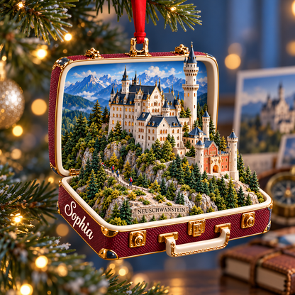 Personalized 3D Neuschwanstein Castle Suitcase Christmas Ornament – Bavaria Germany Travel Souvenir & Gift for Germany Lovers efa27365-1513-465f-b284-ad572f4c6199-Neuschwanstein-Suitcase-Ornament-on-a-Christmas-Tree-1.png