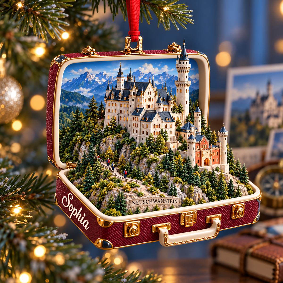 Personalized 3D Neuschwanstein Castle Suitcase Christmas Ornament – Bavaria Germany Travel Souvenir & Gift for Germany Lovers efa27365-1513-465f-b284-ad572f4c6199-Neuschwanstein-Suitcase-Ornament-on-a-Christmas-Tree-1.png