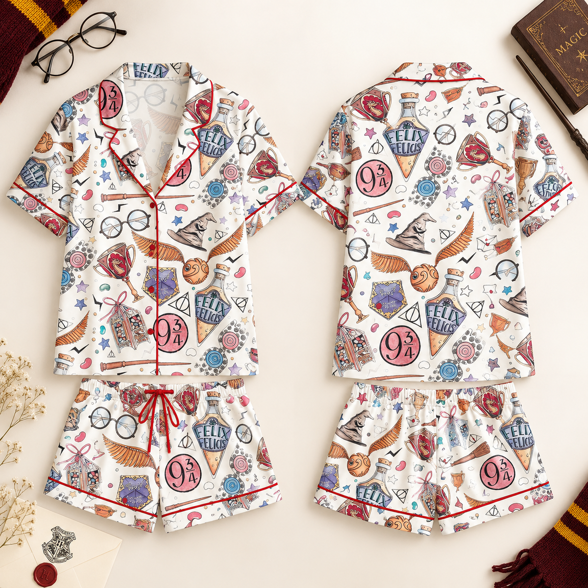 Women’s Wizard Academy Satin Pajama Set, Magic School Short Sleeve Sleepwear, Fantasy Wizard Nightwear, Cozy Pajamas Gift For Fans efd195d8-87aa-4a31-94f9-f5fe369581e3-qr1.png