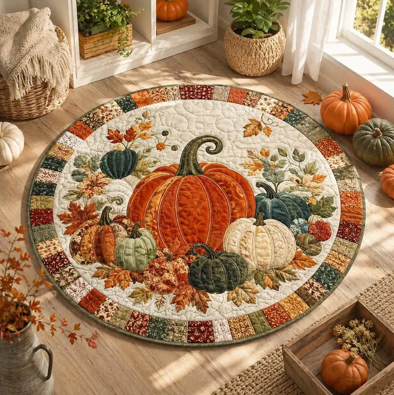 Pumpkin Fall Round Rug, Autumn Quilted Floor Decor, Harvest Area Rug, Thanksgiving Home Decor, Country Pumpkin Rug, Cozy Seasonal Accent efdd3cf3-202f-4061-af57-57dc3dcad2a7-hkjy.webp