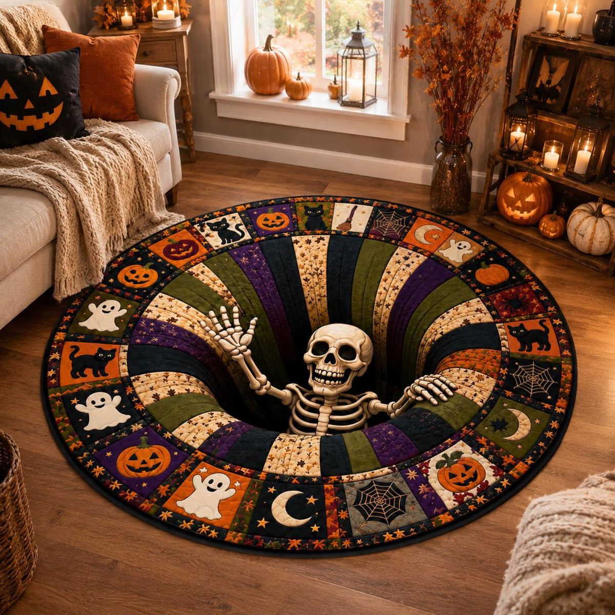 3D Effect Illusion Skull Vortex Quilted Round Rug, Halloween Horror Skeleton Carpet, Quilt Floor Mat, Living Room Bedroom Decor, Spooky Gift f01a95c9-47b8-4898-af66-442019e98581-5.jpg