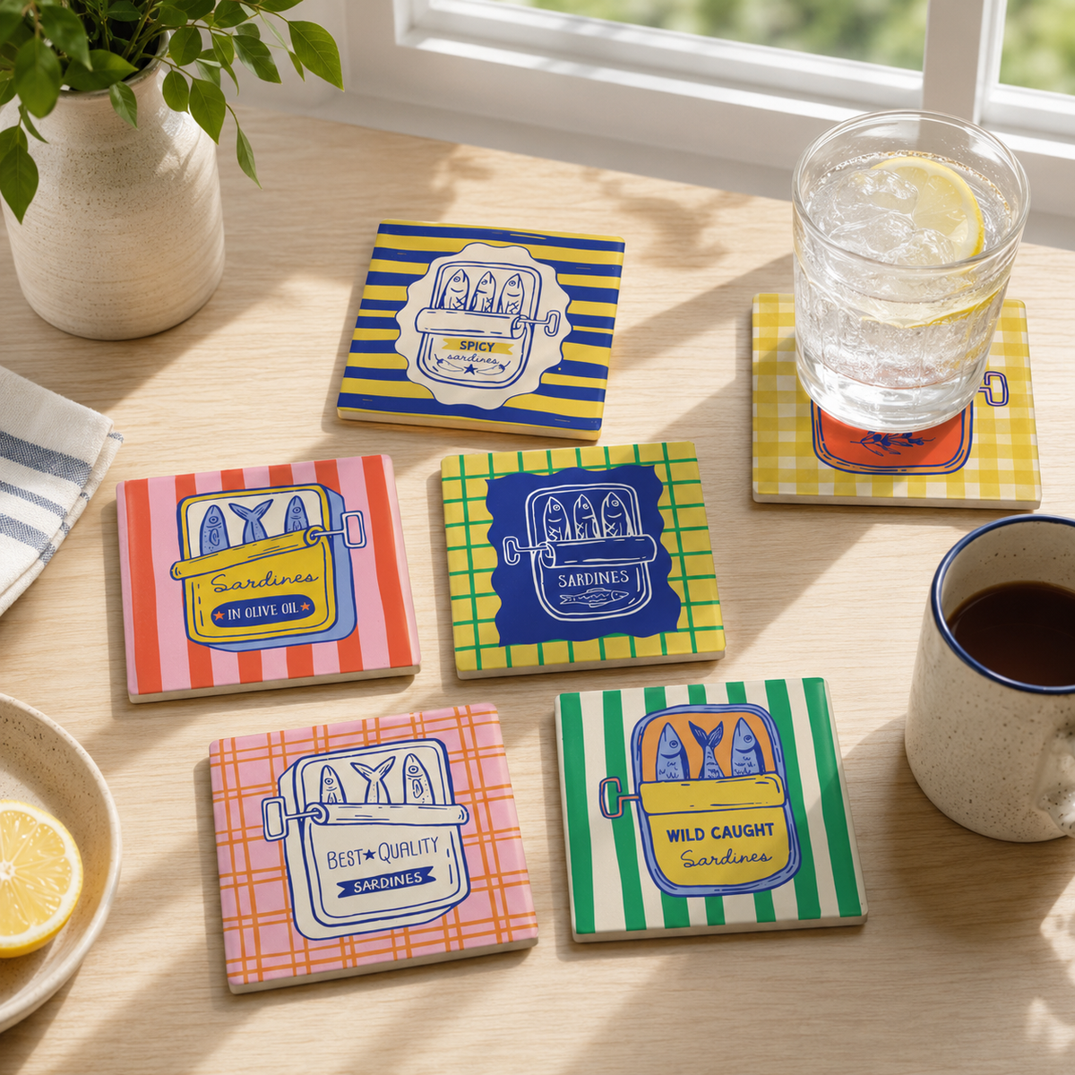 Colorful Sardine Can Ceramic Coasters, Retro Coastal Drink Coasters, Cute & Vibrant Design Coasters f020e089-56f2-4572-931e-fb976dc16ec4-1.png