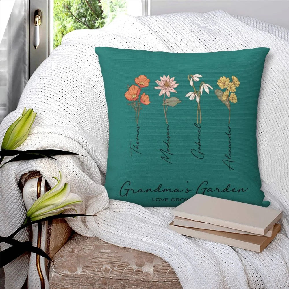 Personalised Family Watercolor Birth Flower Painting Cushion Throw Pillow Cover with 1-8 Names Mother's Day Birthday Gift for Grandma Mother