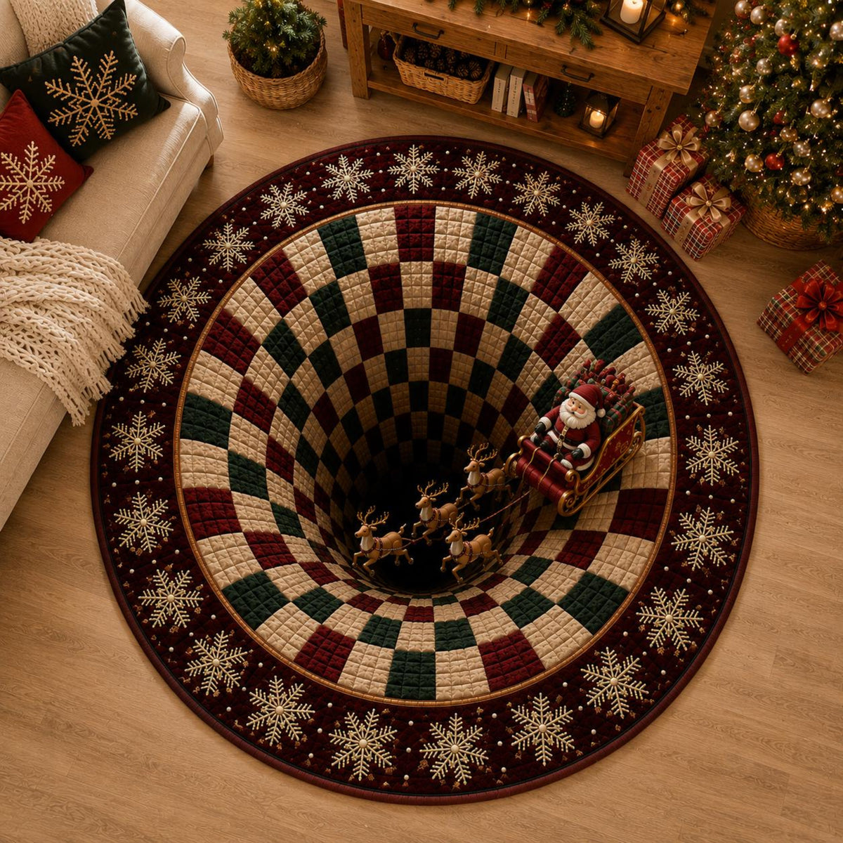 Christmas Santa Sleigh Vortex 3D Round Rug, Reindeer Checkered Optical Illusion Floor Mat, Christmas Gift, Non Slip Xmas Home Decor f088e220-fb73-4e2e-8083-0b1ea03b168f-4.jpg