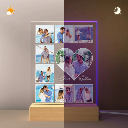 Personalised Heart 5-9 Photos Acrylic LED Night Light with Name and Wooden Base Home Decor Valentine's Day Anniversary Gift for Couple