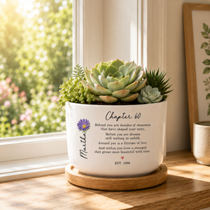 60th Birthday Gift For Women, Personalized Birth Flower Plant Pot, Custom Name Chapter 60 Planter