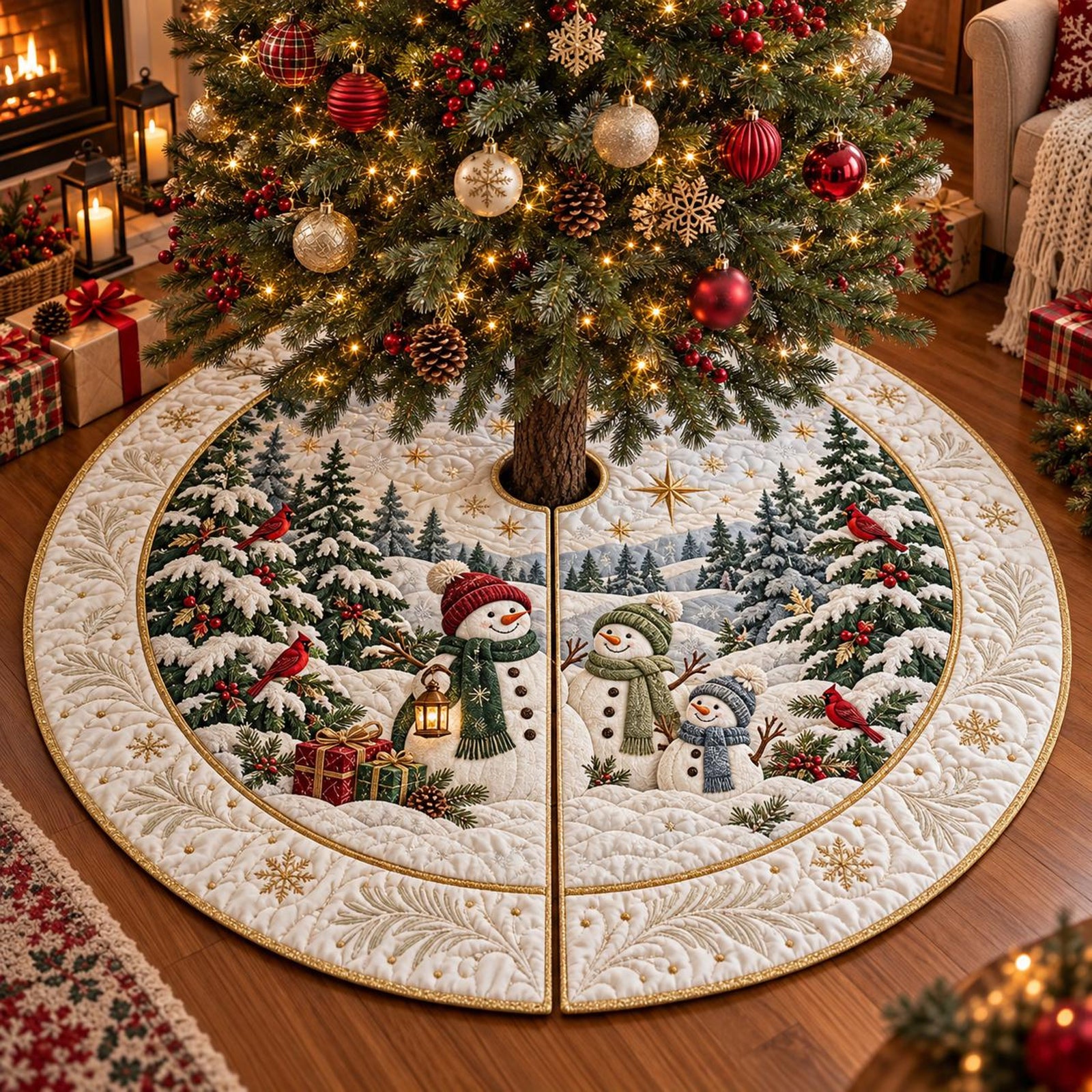 Snowman Family Christmas Tree Skirt, Winter Cardinal Holiday Decor f23d7272-e0b2-452d-9e97-6fa628e5c7cf-1.jpg